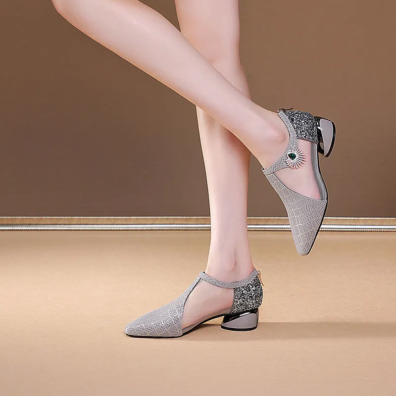 Summer New Thick Heel Pointed Mesh Rhinestone High Heels