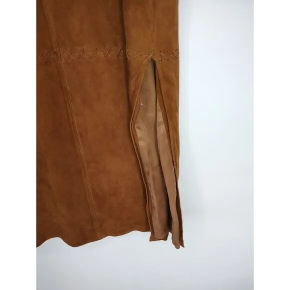 The Territory Ahead Woman's Maxi Slit Brown Suede Skirt Size 8 Zip &amp; Slit FLAW