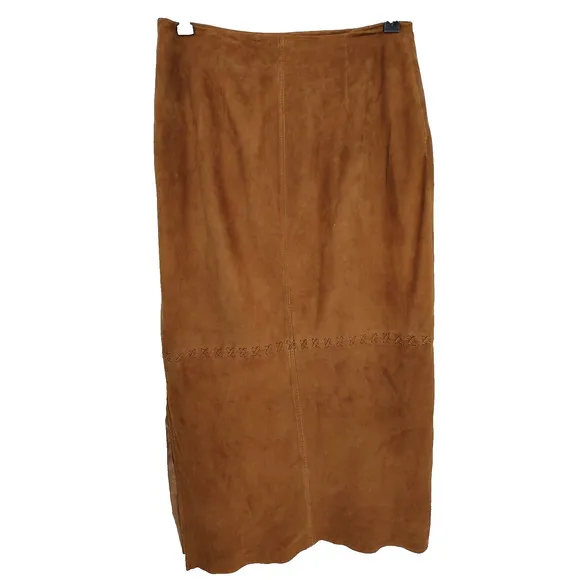 The Territory Ahead Woman's Maxi Slit Brown Suede Skirt Size 8 Zip &amp; Slit FLAW