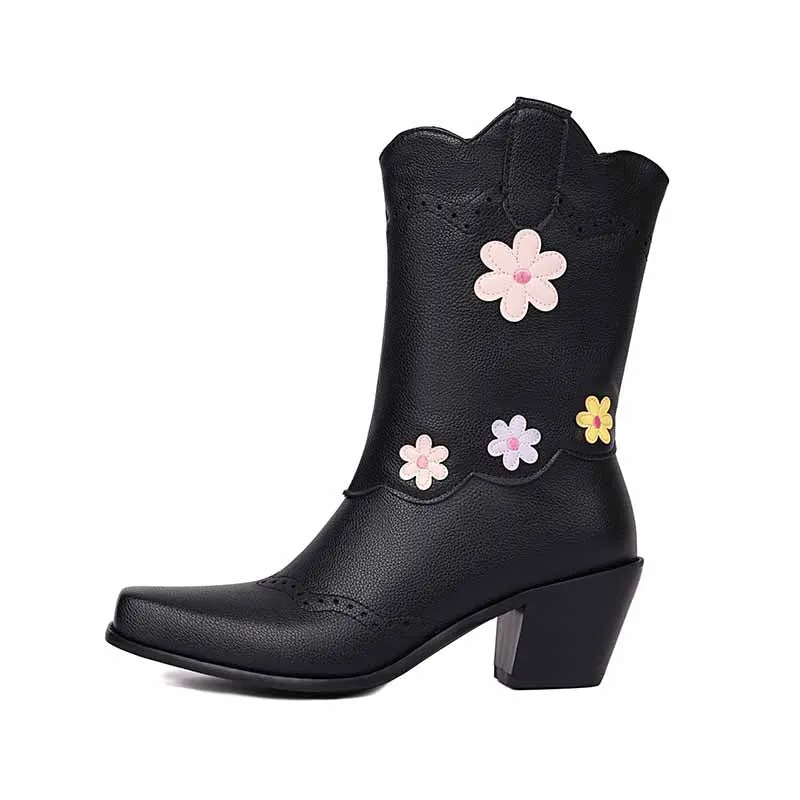 Women's Cute Plus Size Boots Mid-calf embroidered cowgirl boots in white, black color