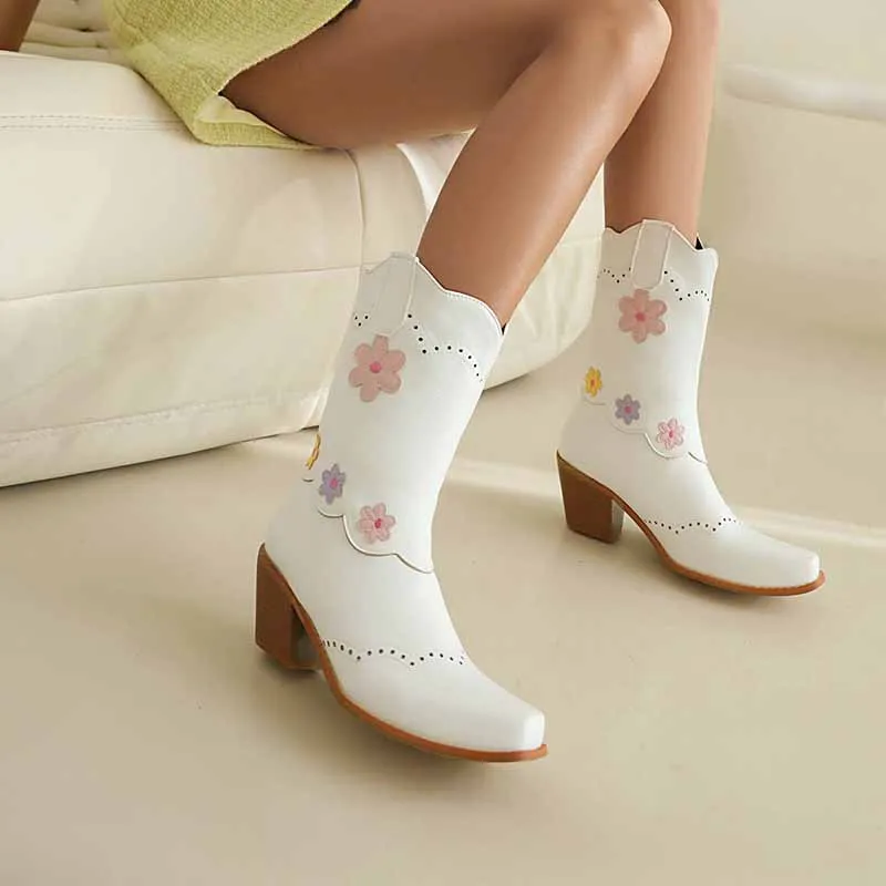 Women's Cute Plus Size Boots Mid-calf embroidered cowgirl boots in white, black color