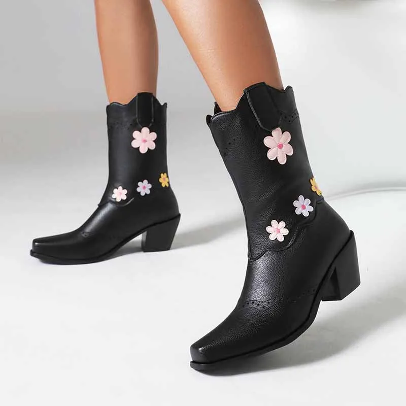 Women's Cute Plus Size Boots Mid-calf embroidered cowgirl boots in white, black color