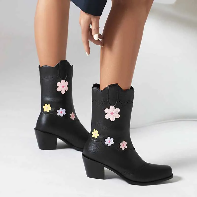 Women's Cute Plus Size Boots Mid-calf embroidered cowgirl boots in white, black color
