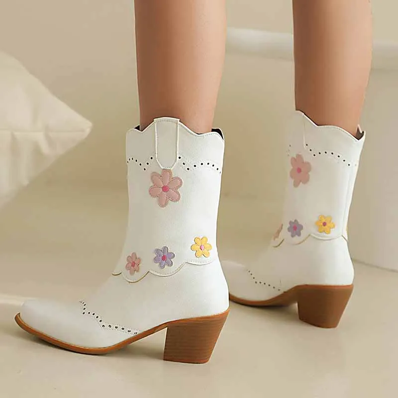 Women's Cute Plus Size Boots Mid-calf embroidered cowgirl boots in white, black color