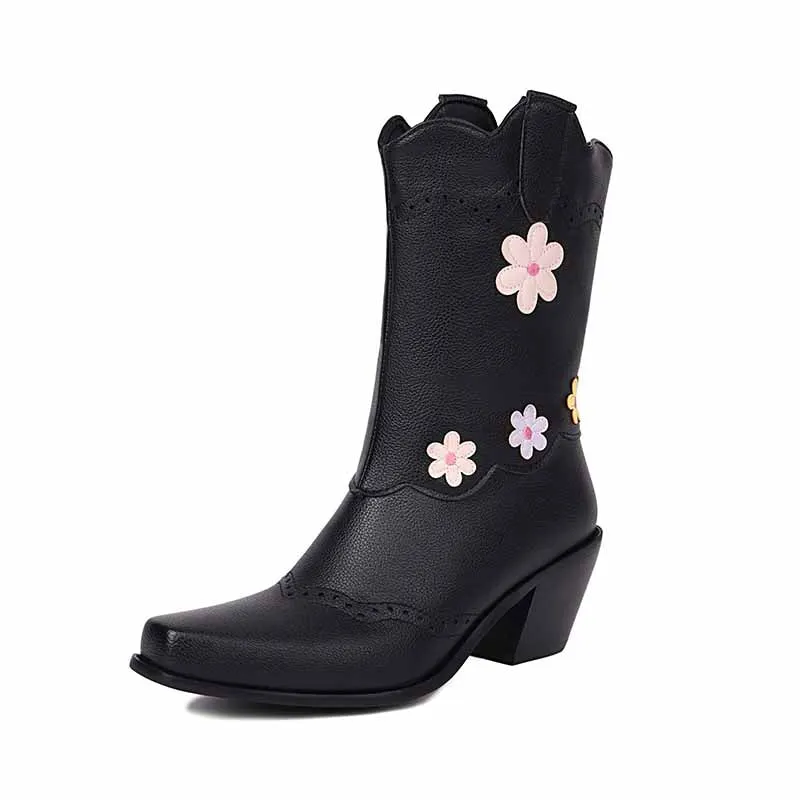Women's Cute Plus Size Boots Mid-calf embroidered cowgirl boots in white, black color
