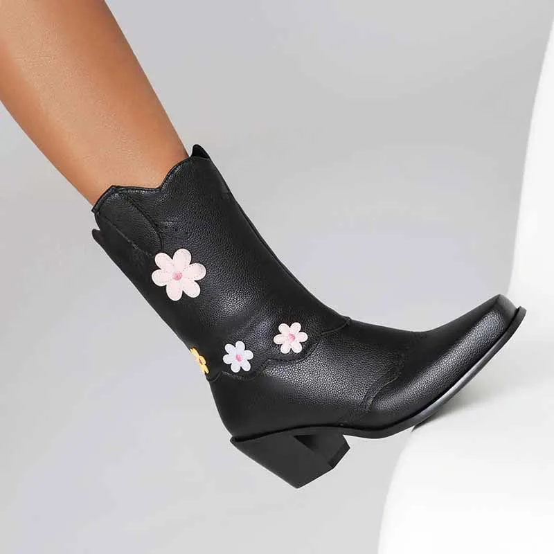 Women's Cute Plus Size Boots Mid-calf embroidered cowgirl boots in white, black color