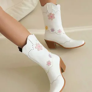 Women's Cute Plus Size Boots Mid-calf embroidered cowgirl boots in white, black color