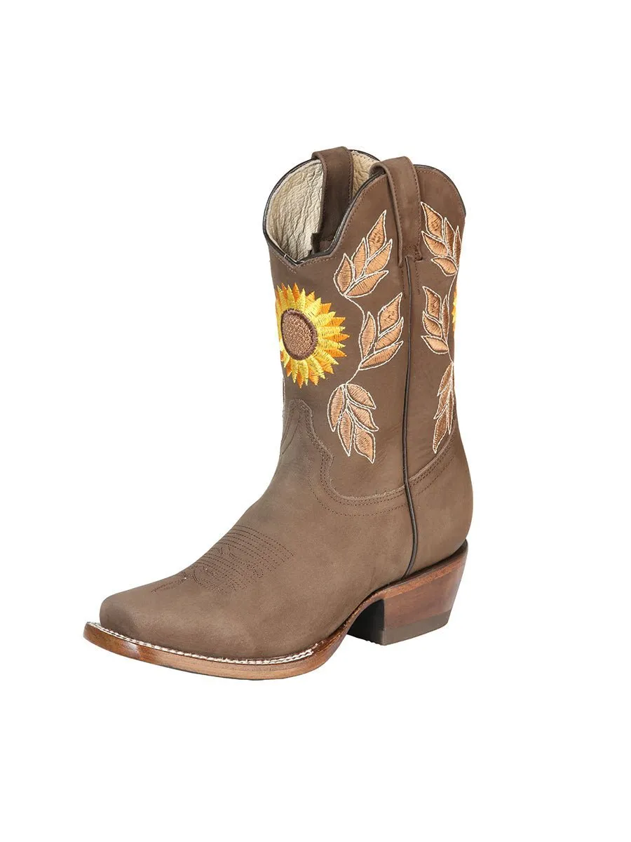 Women's Nubuck Leather Sunflower Embroidered Rodeo Cowgirl Boots 'El General' Camel Color 51164