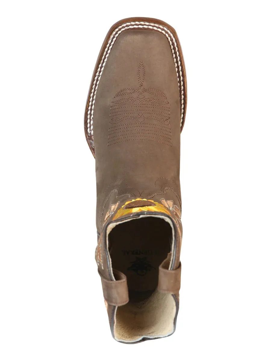 Women's Nubuck Leather Sunflower Embroidered Rodeo Cowgirl Boots 'El General' Camel Color 51164