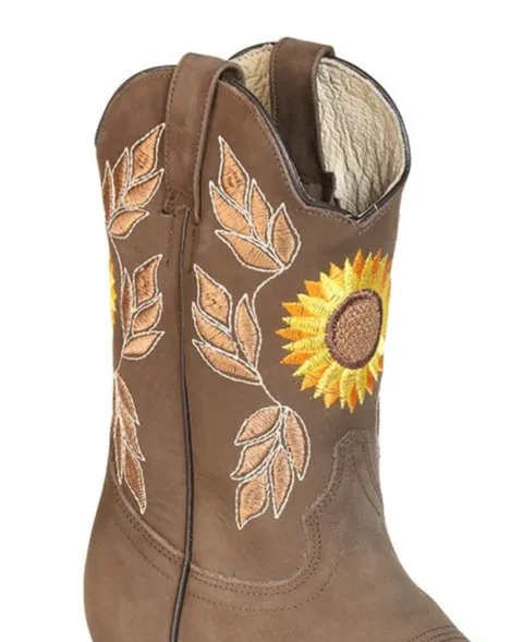 Women's Nubuck Leather Sunflower Embroidered Rodeo Cowgirl Boots 'El General' Camel Color 51164