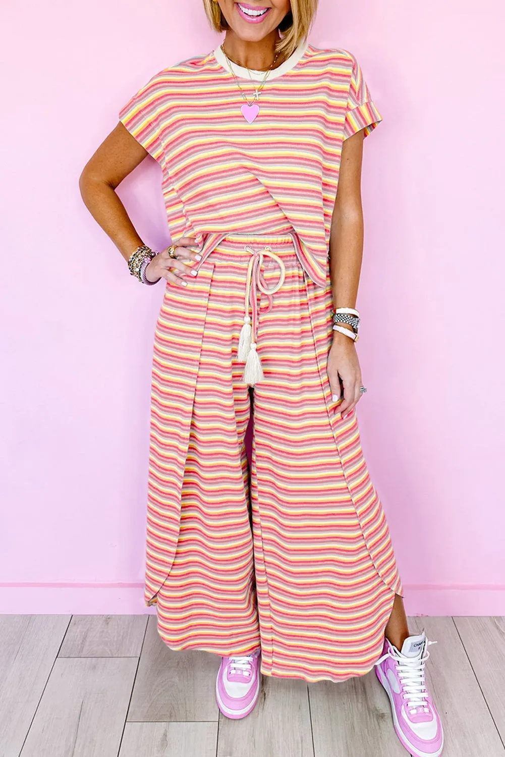 Yellow Stripe Rainbow Tee Tasseled String Wide Leg Pants Set