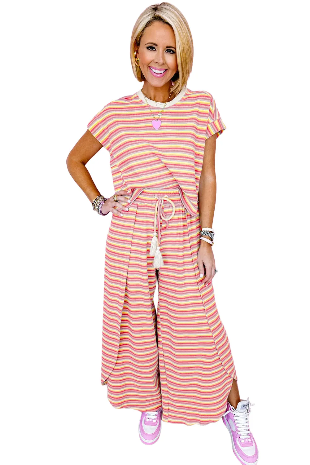 Yellow Stripe Rainbow Tee Tasseled String Wide Leg Pants Set