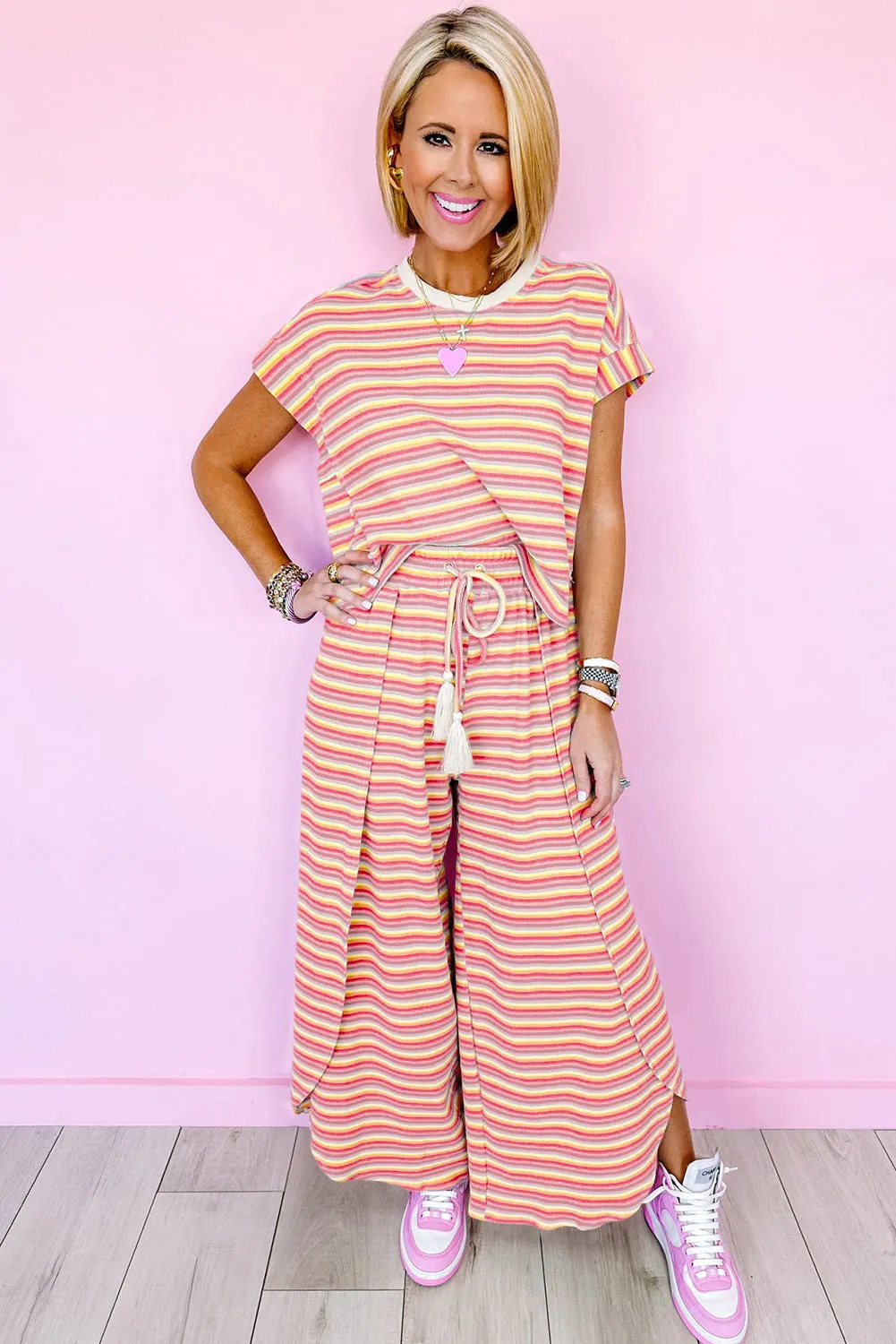 Yellow Stripe Rainbow Tee Tasseled String Wide Leg Pants Set