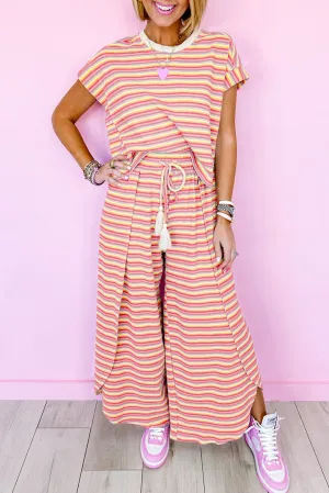 Yellow Stripe Rainbow Tee Tasseled String Wide Leg Pants Set